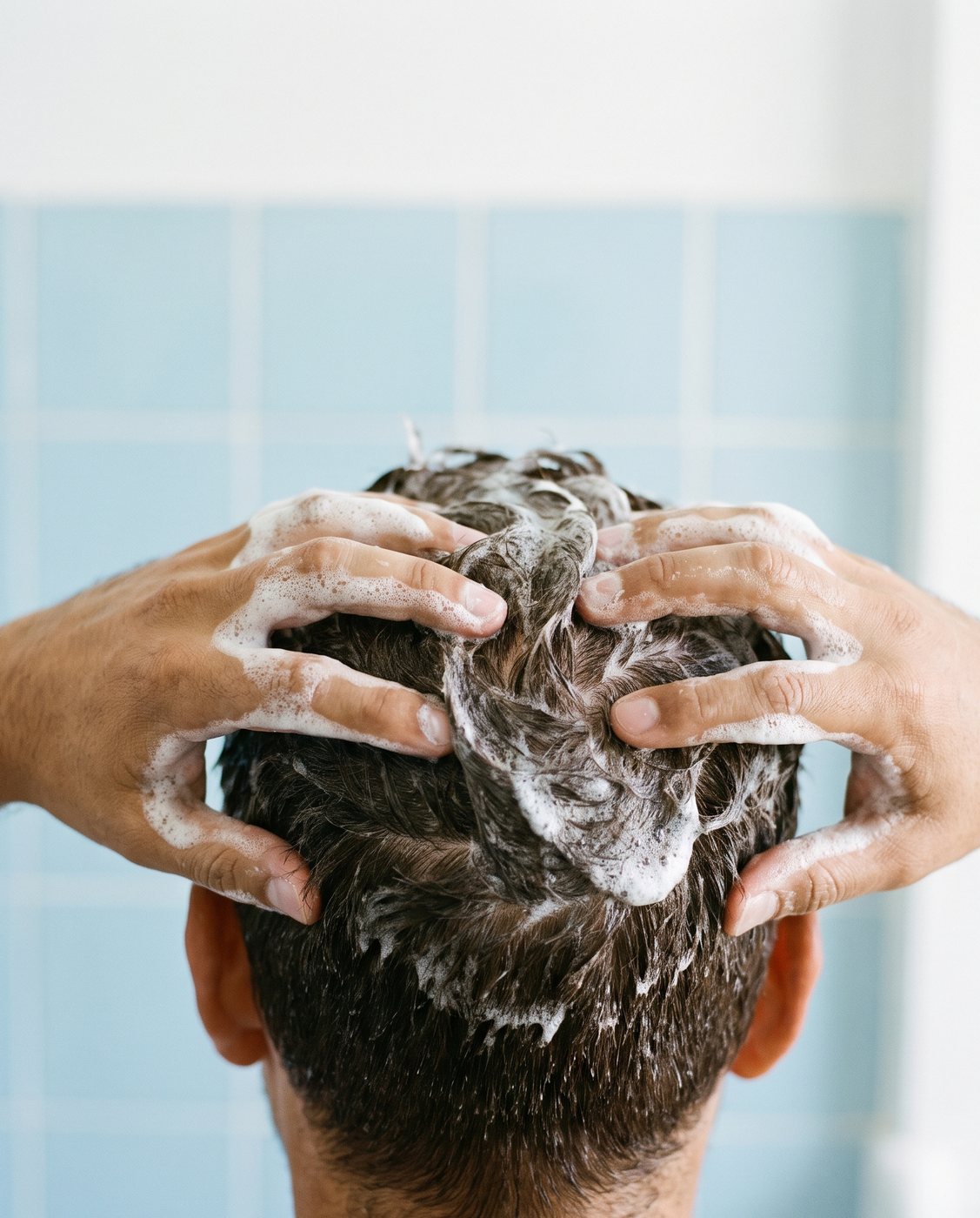 Manos masajeando el cuero cabelludo con espuma